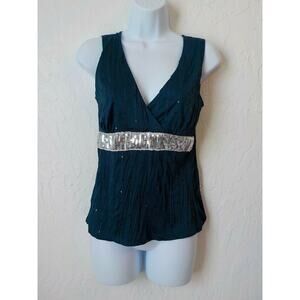 VTG Y2K Agaci Too Sequin Teal Blue Babydoll Top Women Large Sleeveless Satin NWT